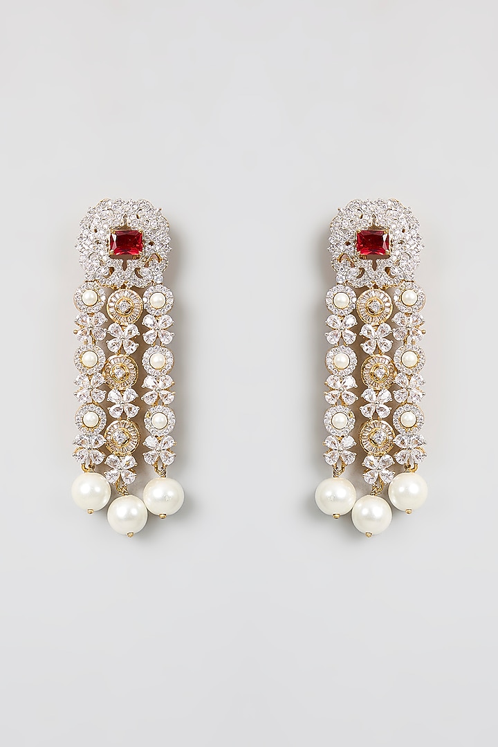 Silver Finish Red Stone & Pearl Drop Dangler Earrings by Aura Trends at Pernia's Pop Up Shop