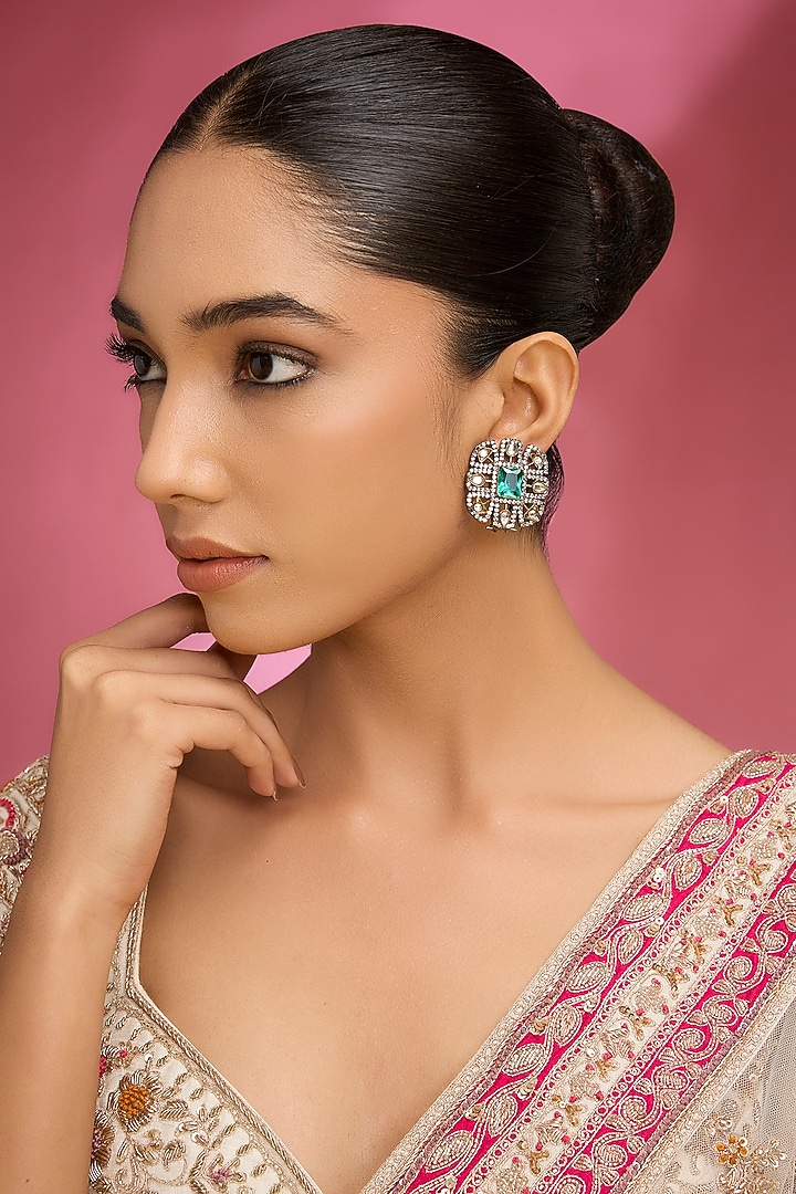 Gold Finish Kundan Polki & Green Gemstone Stud Earrings by Auraa Trends at Pernia's Pop Up Shop