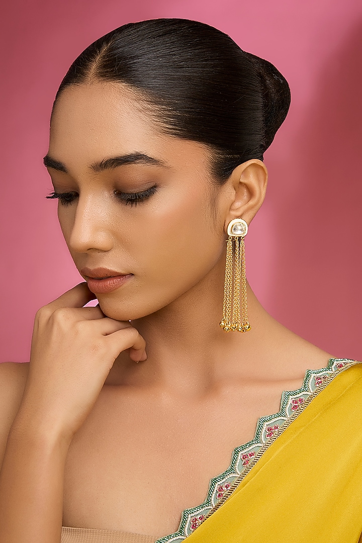 Gold Finish Kundan Polki & Golde Beaded Dangler Earrings by Aura Trends at Pernia's Pop Up Shop