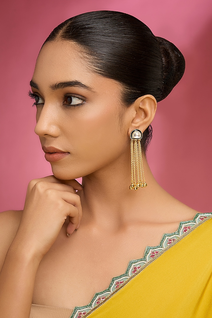 Gold Finish Kundan Polki & Golde Beaded Dangler Earrings by Aura Trends at Pernia's Pop Up Shop