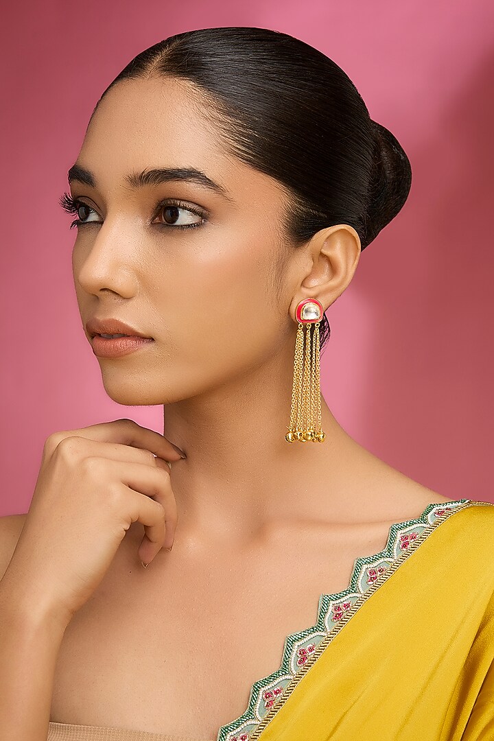 Gold Finish Kundan Polki & Golde Beaded Dangler Earrings by Aura Trends at Pernia's Pop Up Shop