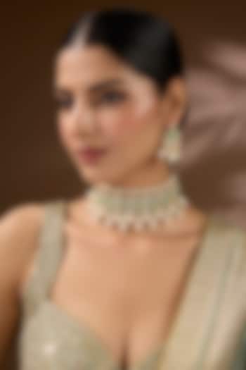 Gold Finish Kundan Polki & Aqua Stone Choker Necklace Set by Auraa Trends at Pernia's Pop Up Shop
