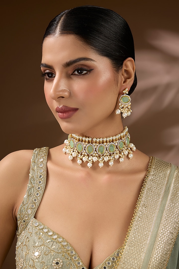Gold Finish Kundan Polki & Aqua Stone Choker Necklace Set by Auraa Trends at Pernia's Pop Up Shop