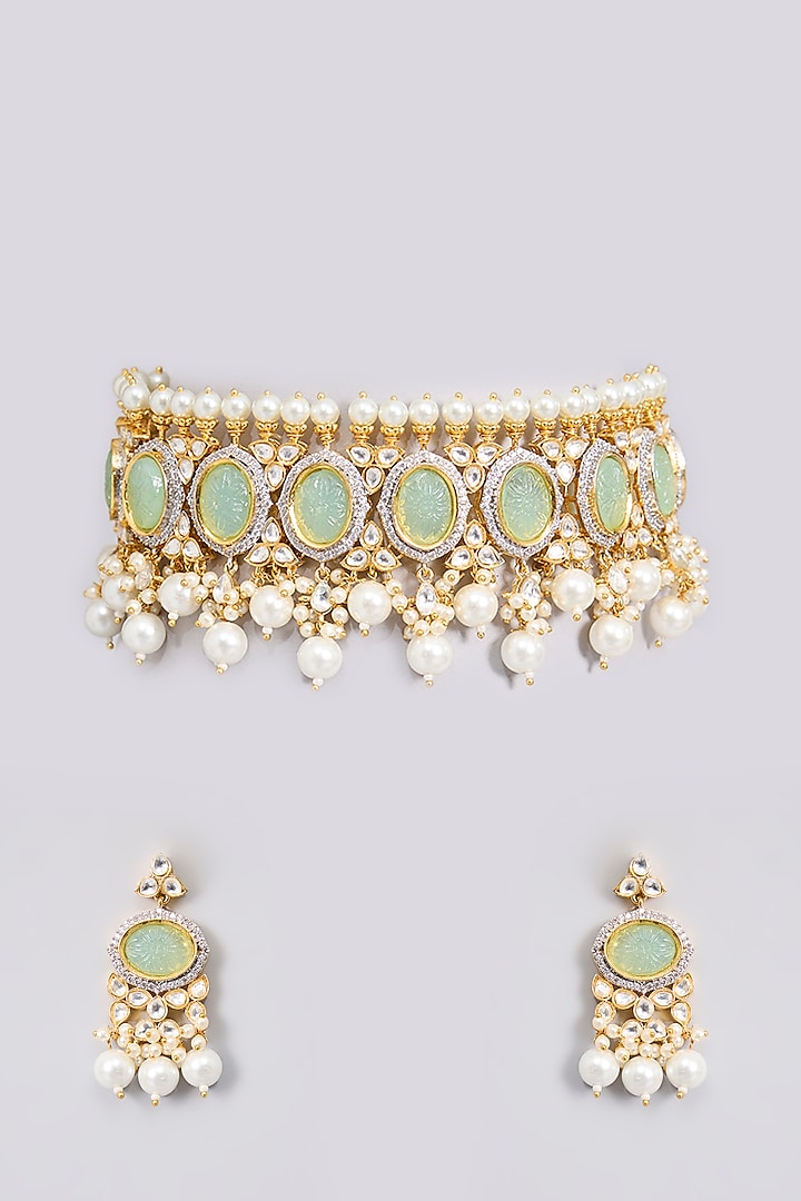 Gold Finish Kundan Polki & Aqua Stone Choker Necklace Set by Aura Trends at Pernia's Pop Up Shop