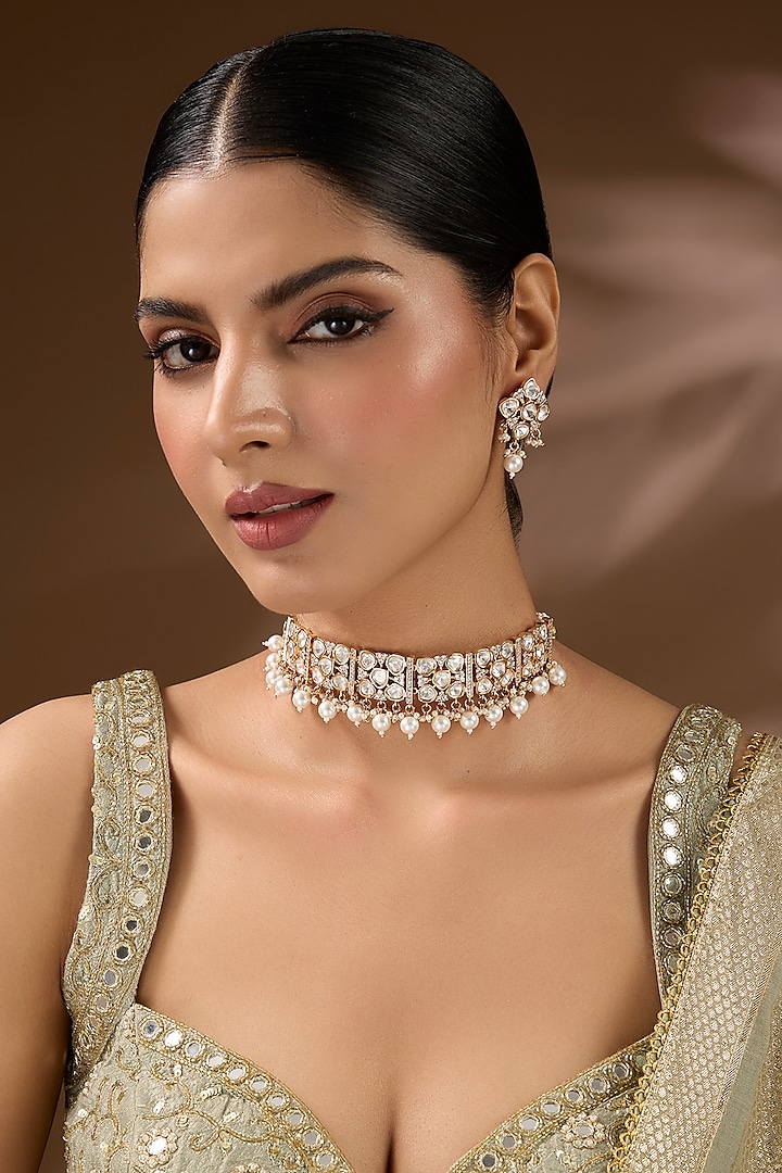 Gold Finish Kundan Polki & Pearl Choker Necklace Set by Auraa Trends at Pernia's Pop Up Shop