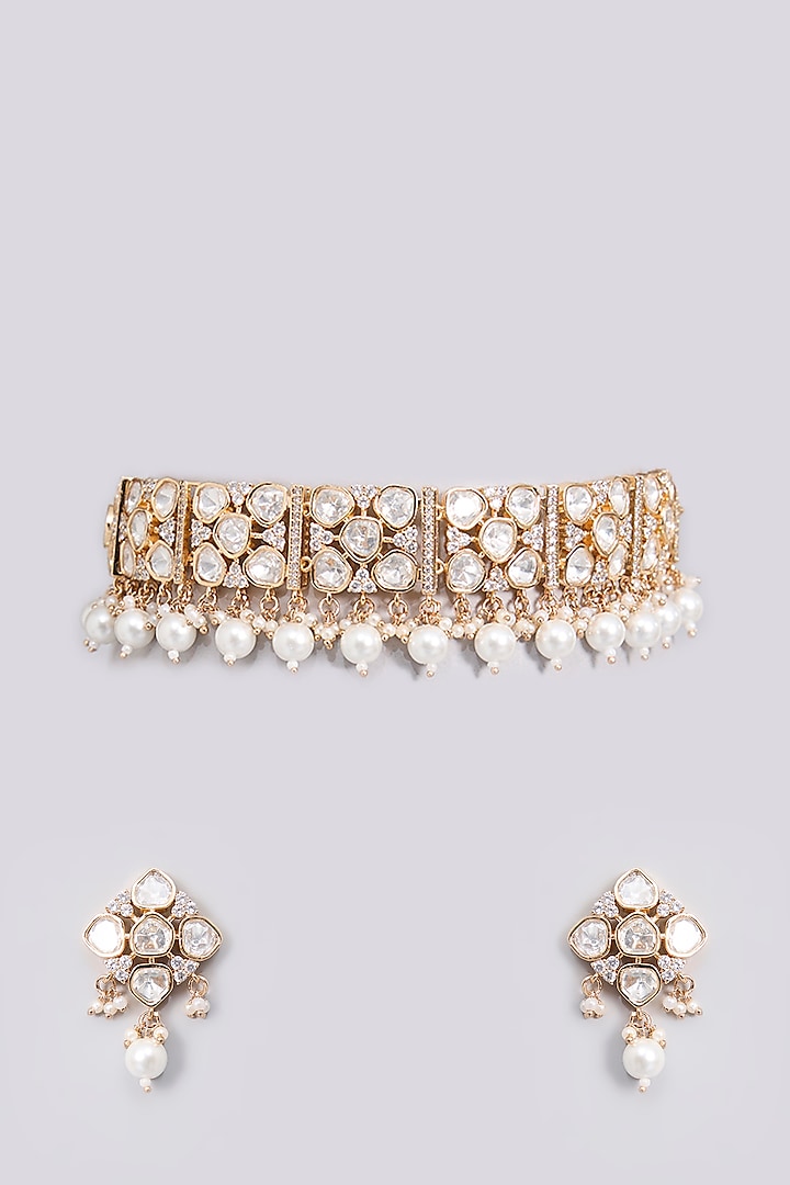 Gold Finish Kundan Polki & Pearl Choker Necklace Set by Aura Trends at Pernia's Pop Up Shop