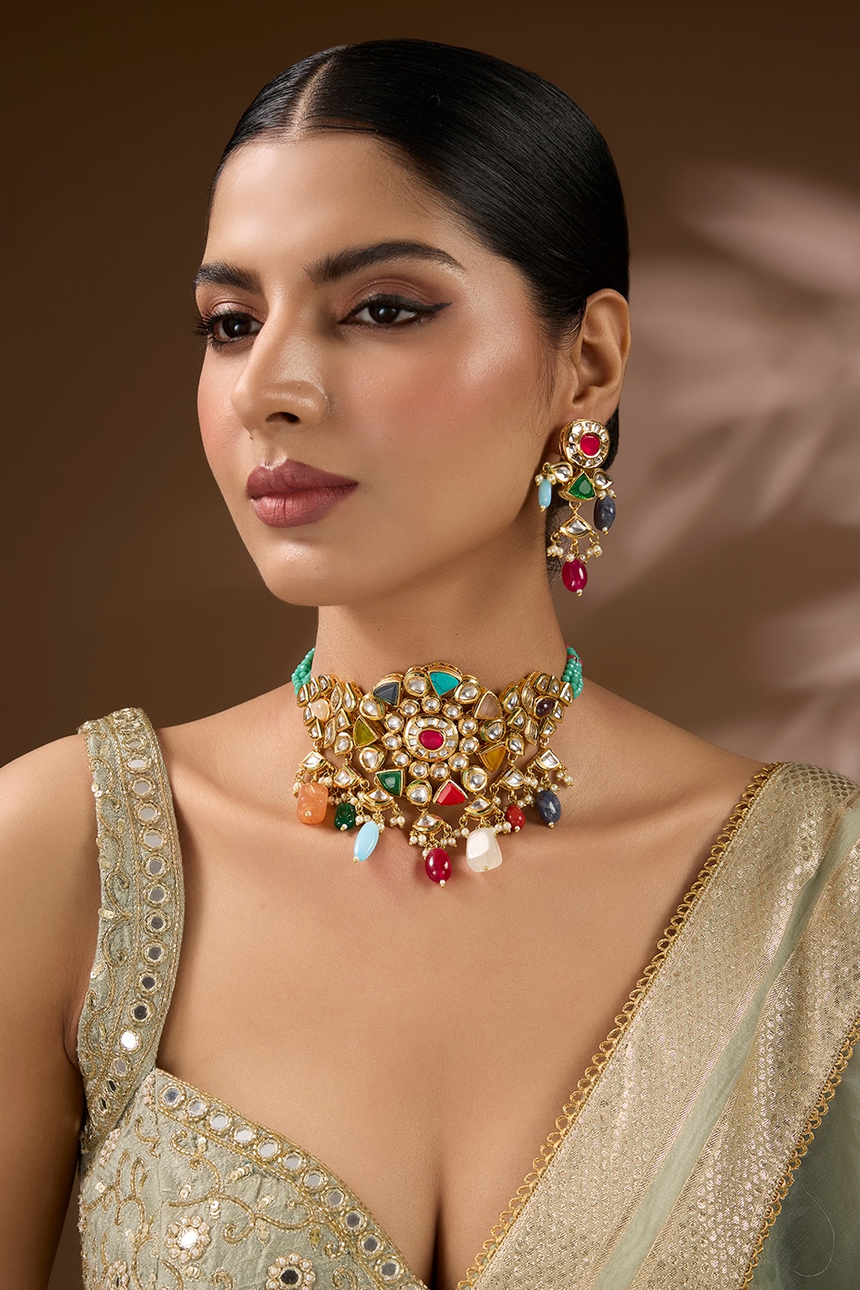 Gold Finish Kundan Polki & Semi-Precious Stone Choker