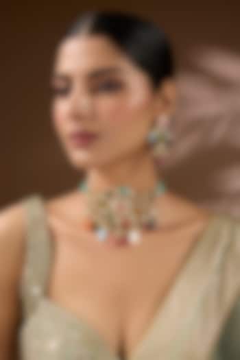Gold Finish Kundan Polki & Semi-Precious Stone Choker Necklace Set by Auraa Trends at Pernia's Pop Up Shop