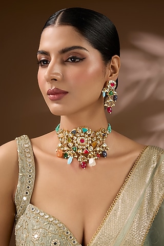 Gold Finish Kundan Polki & Semi-Precious Stone Choker Necklace Set by Aura Trends