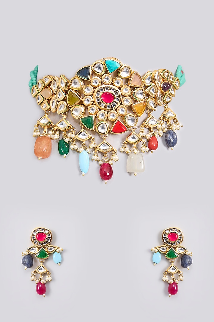 Gold Finish Kundan Polki & Semi-Precious Stone Choker Necklace Set by Aura Trends at Pernia's Pop Up Shop