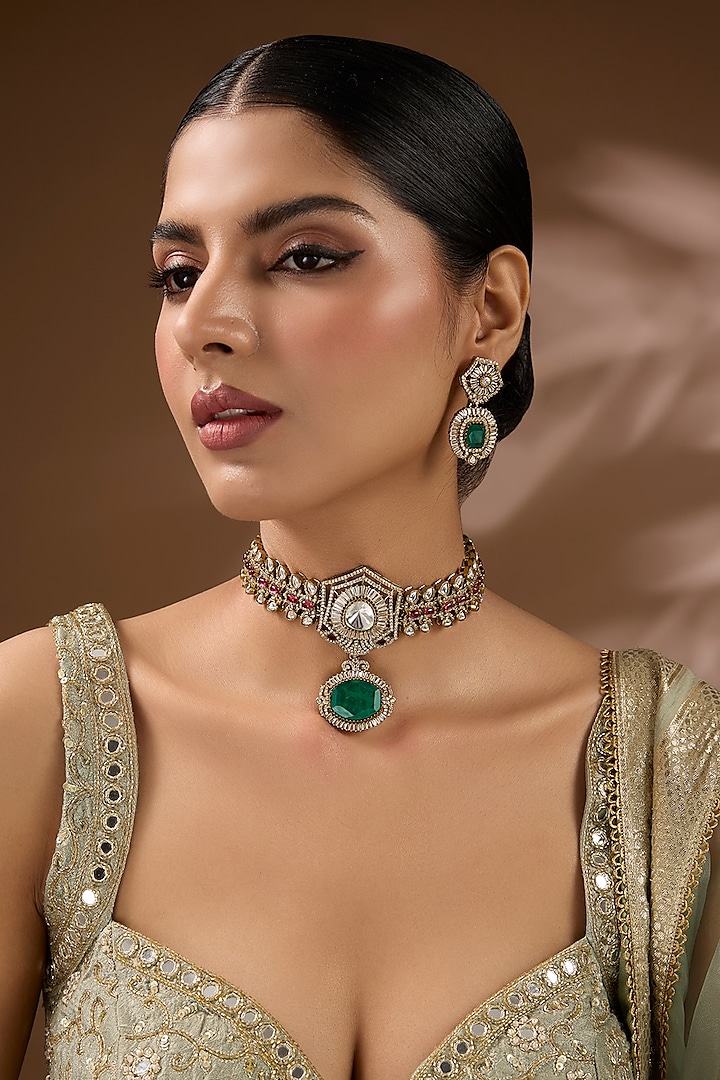 Gold Finish Kundan Polki & Emerald Stone Choker Necklace Set by Auraa Trends at Pernia's Pop Up Shop