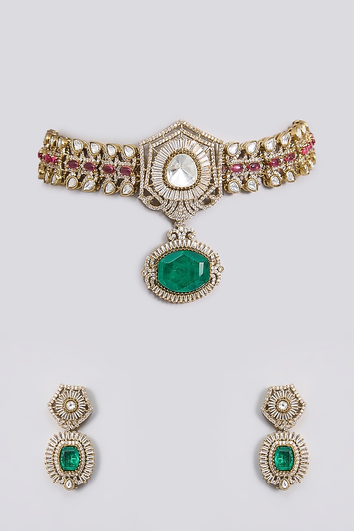 Gold Finish Kundan Polki & Emerald Stone Choker Necklace Set by Aura Trends at Pernia's Pop Up Shop