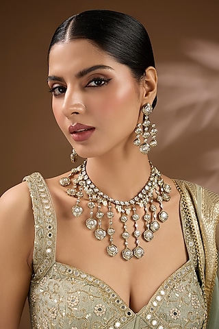 Gold Finish Kundan Polki & Pearl Necklace Set by Aura Trends