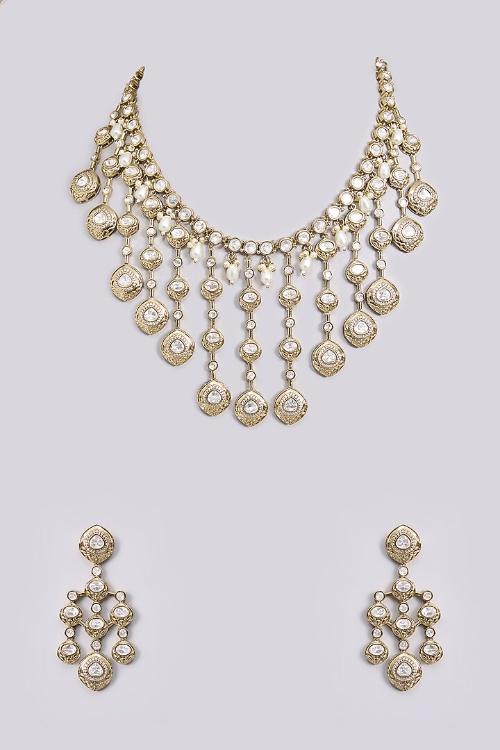 Gold Finish Kundan Polki & Pearl Necklace Set by Aura Trends at Pernia's Pop Up Shop