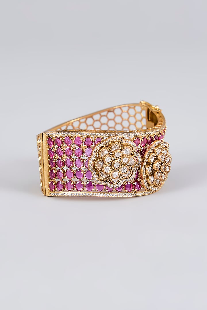 Antique Gold Finish Floral Kundan Polki & Ruby Stone Cuff by Aura Trends at Pernia's Pop Up Shop