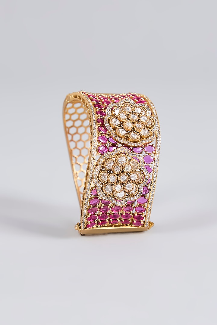 Antique Gold Finish Floral Kundan Polki & Ruby Stone Cuff by Aura Trends at Pernia's Pop Up Shop