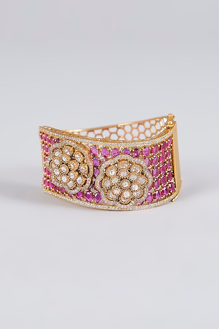 Antique Gold Finish Floral Kundan Polki & Ruby Stone Cuff by Aura Trends at Pernia's Pop Up Shop