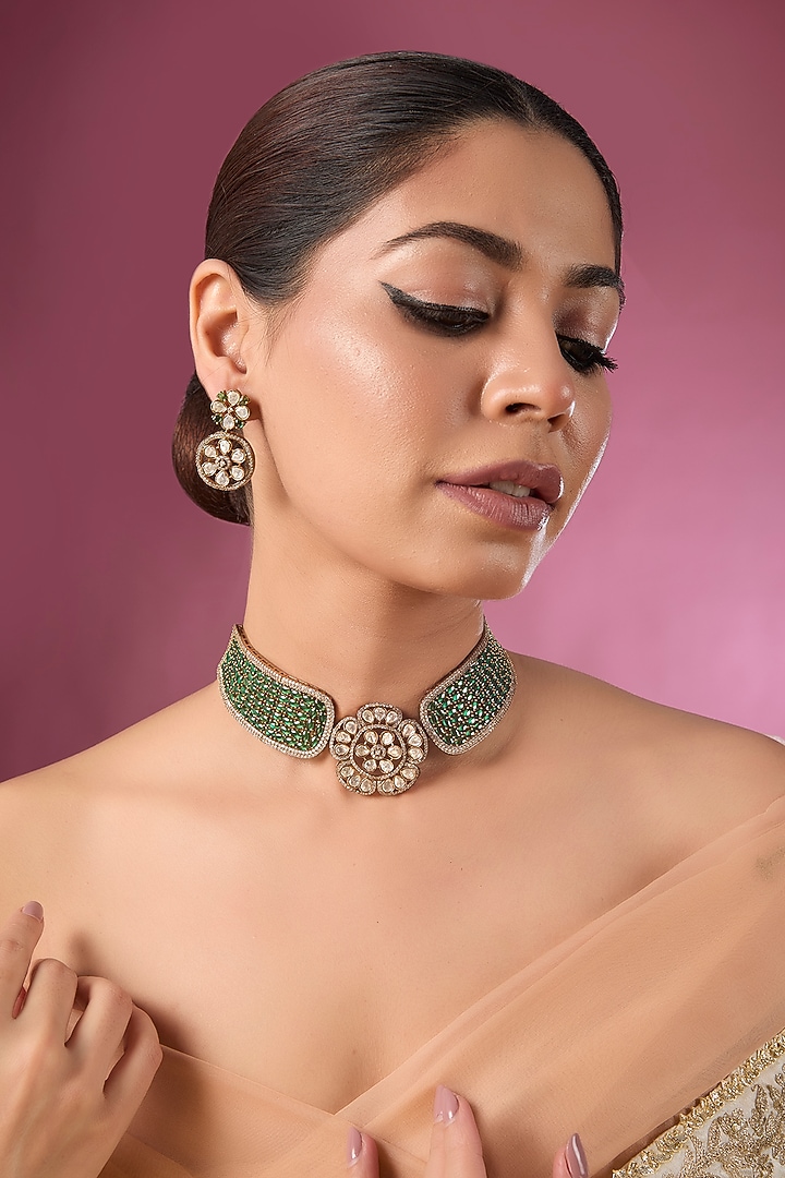 Antique Gold Floral Kundan Polki & Emerald Green Crystal Choker Necklace Set by Auraa Trends at Pernia's Pop Up Shop