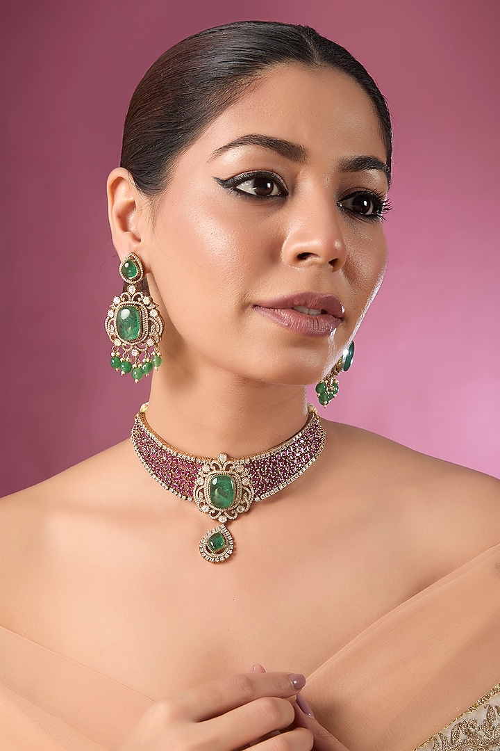 Gold Plated Kundan Polki & Ruby Crystal Choker Necklace Set by Auraa Trends at Pernia's Pop Up Shop
