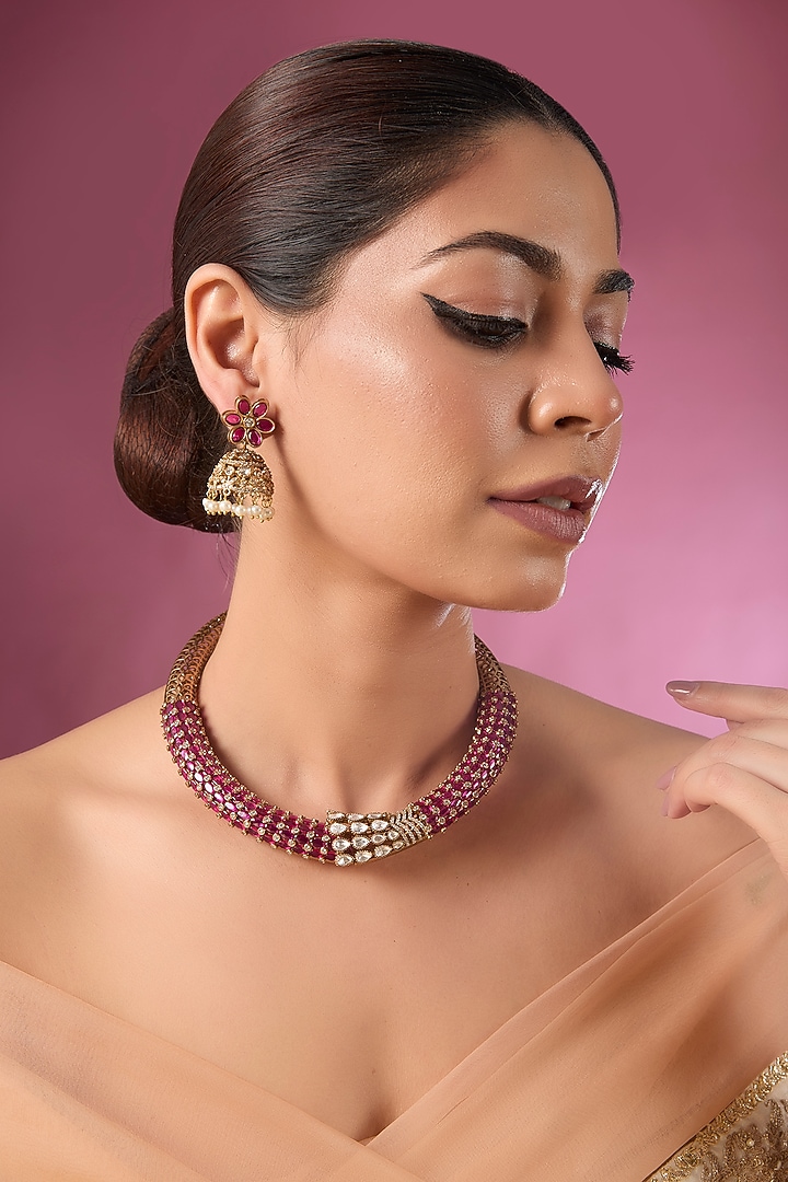 Gold Finish Kundan Polki & Ruby Beaded Collar Necklace Set by Auraa Trends at Pernia's Pop Up Shop