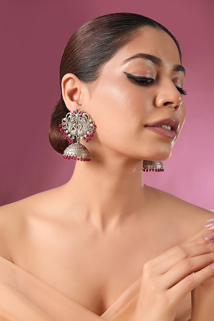 Gold Finish Kundan Polki & Ruby Stone Jhumka Earrings by Aura Trends at Pernia's Pop Up Shop