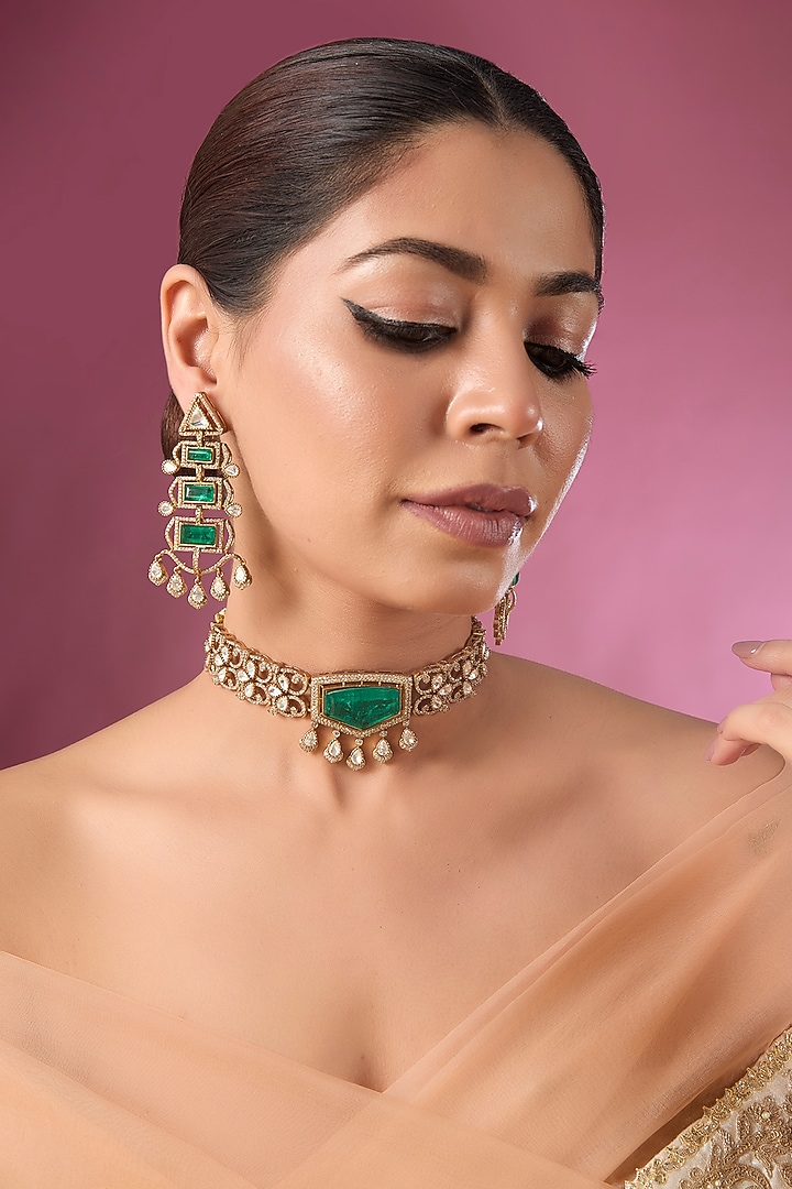 Gold Plated Kundan Polki & Emerald Stone Choker Necklace Set by Auraa Trends at Pernia's Pop Up Shop
