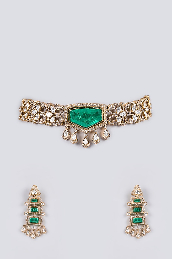 Gold Plated Kundan Polki & Emerald Stone Choker Necklace Set by Aura Trends at Pernia's Pop Up Shop