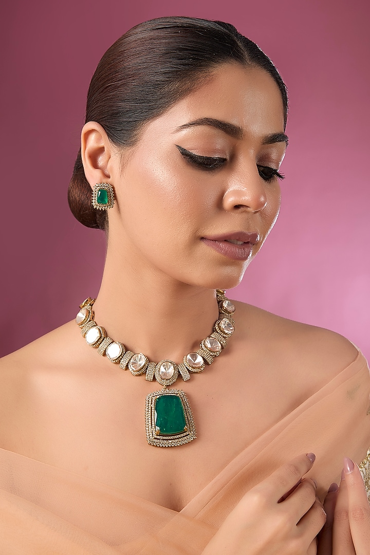 Gold Finish Kundan Polki & Emerald Stone Choker Necklace Set by Auraa Trends at Pernia's Pop Up Shop