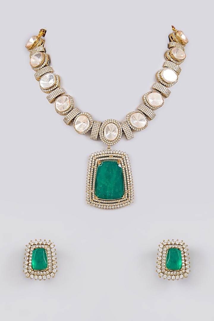 Gold Finish Kundan Polki & Emerald Stone Choker Necklace Set by Aura Trends at Pernia's Pop Up Shop