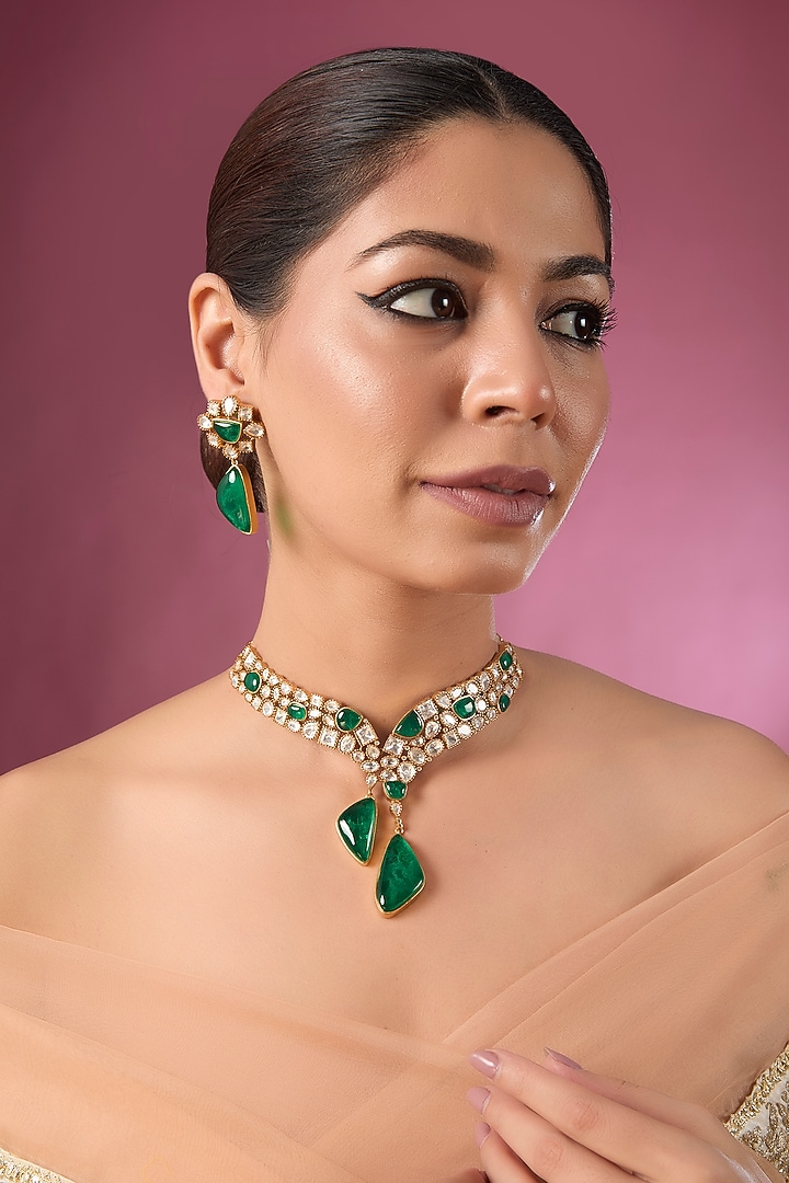 Gold Finish Kundan Polki & Green Teardrop Stone Collar Necklace Set by Auraa Trends at Pernia's Pop Up Shop