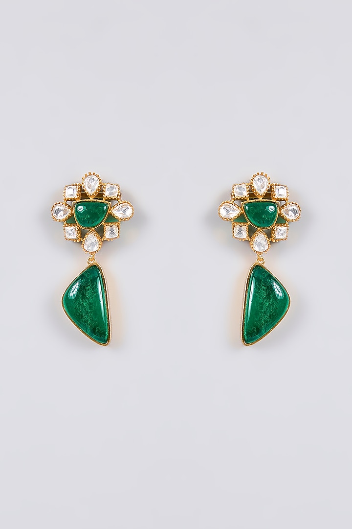 Gold Finish Kundan Polki & Green Teardrop Stone Collar Necklace Set by Aura Trends at Pernia's Pop Up Shop