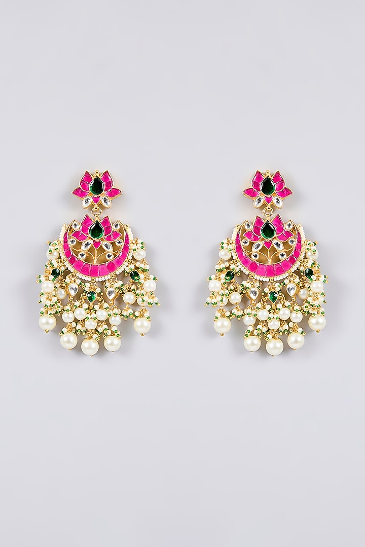 Gold Finish Kundan Polki & Pink Stone Chandbali Earrings by Aura Trends at Pernia's Pop Up Shop