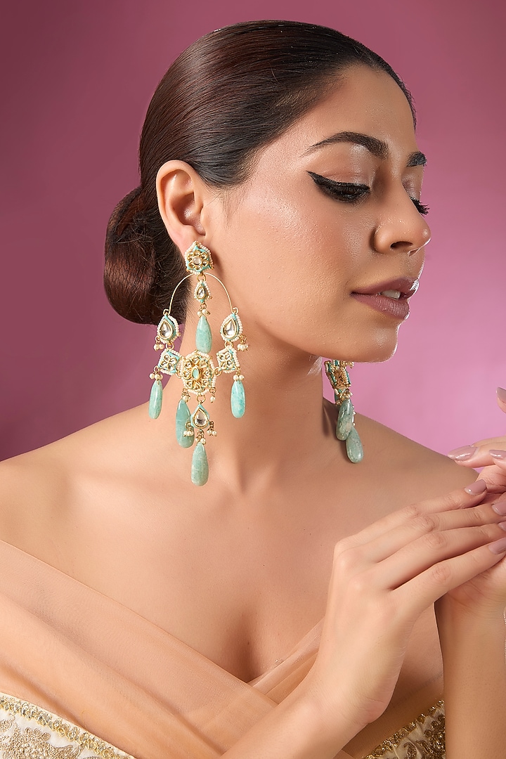 Gold Finish Kundan Polki & Mint Green Beaded Chandbali Earrings by Aura Trends at Pernia's Pop Up Shop