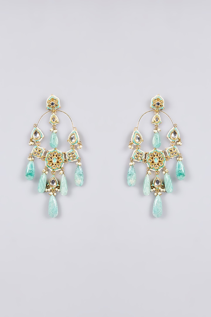 Gold Finish Kundan Polki & Mint Green Beaded Chandbali Earrings by Aura Trends at Pernia's Pop Up Shop