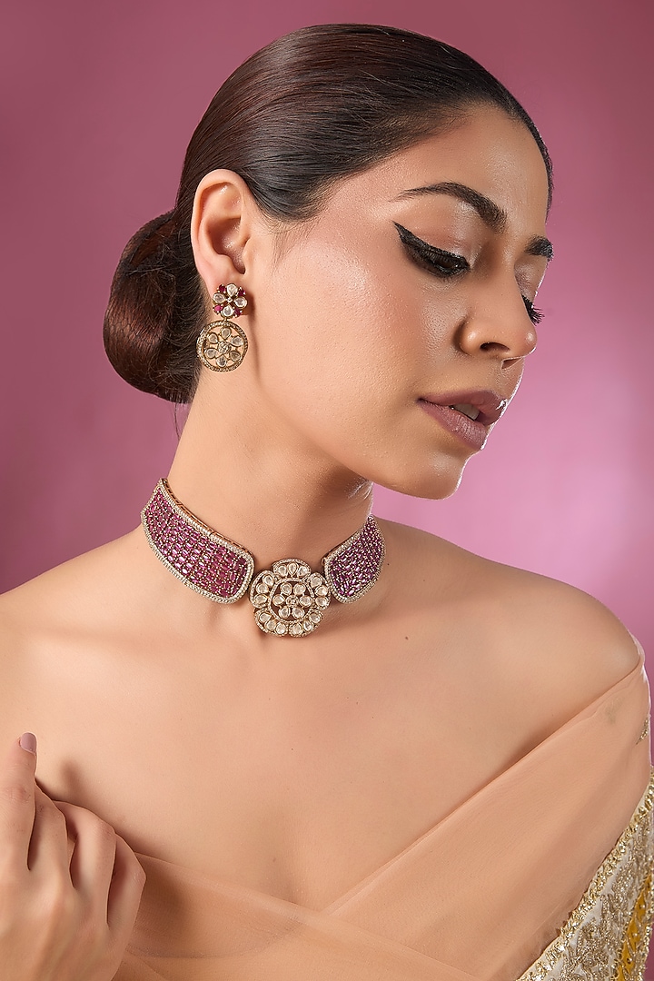 Antique Gold Finish Kundan Polki & Ruby Stone Choker Necklace Set by Auraa Trends at Pernia's Pop Up Shop