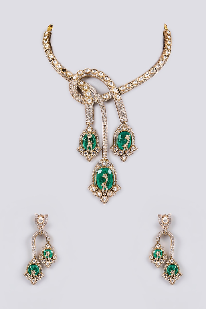 Gold Finish Kundan Polki & Emerald Stone Necklace Set by Aura Trends at Pernia's Pop Up Shop