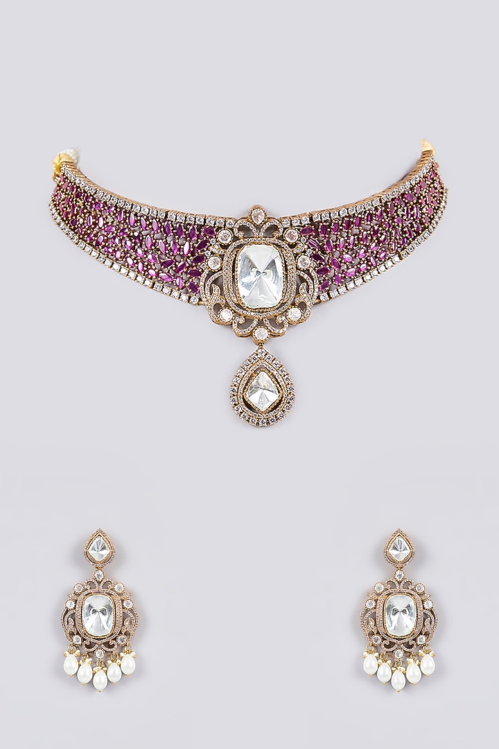 Antique Gold Finish Kundan Polki & Ruby Pink Beaded Necklace Set by Aura Trends at Pernia's Pop Up Shop