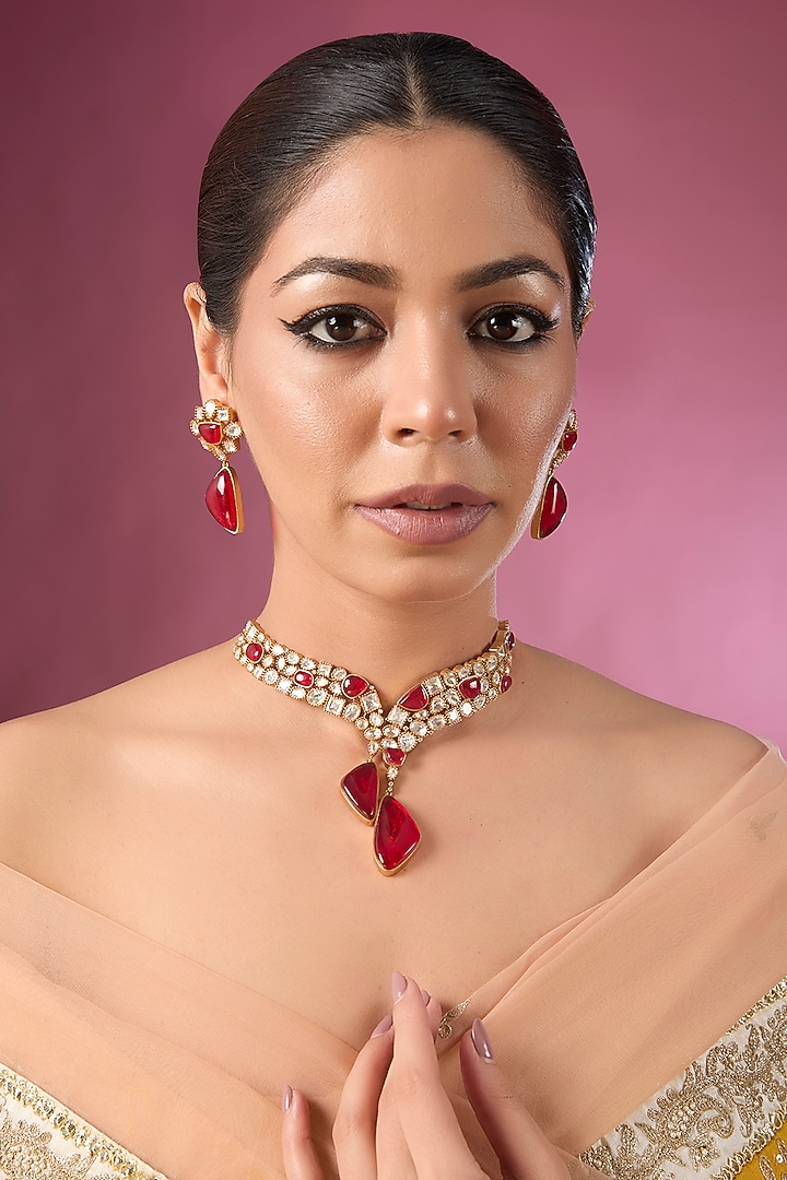 Gold Finish Kundan Polki & Ruby Stone Choker Necklace Set by Auraa Trends at Pernia's Pop Up Shop