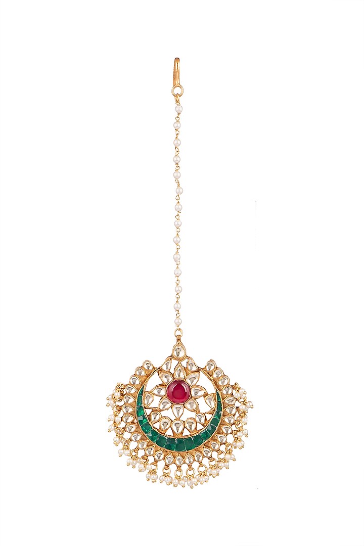 Gold Plated Onyx Stone Maang Tikka by Auraa Trends