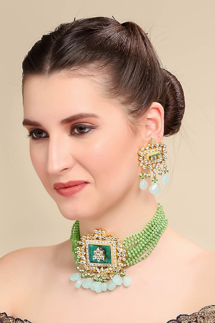 Gold Plated Kundan Polki Choker Necklace Set by Aura Trends at Pernia's Pop Up Shop