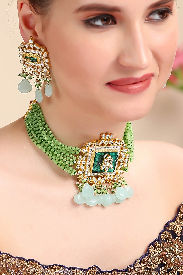 Gold Plated Kundan Polki Choker Necklace Set by Aura Trends at Pernia's Pop Up Shop