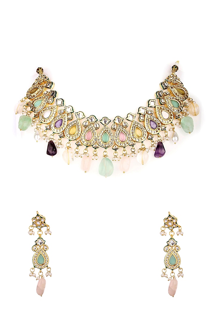 Gold Plated Pearl Necklace Set With Kundan Polki by Aura Trends at Pernia's Pop Up Shop