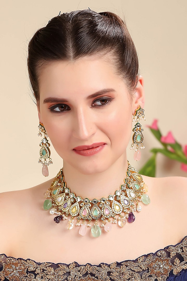 Gold Plated Pearl Necklace Set With Kundan Polki by Aura Trends at Pernia's Pop Up Shop