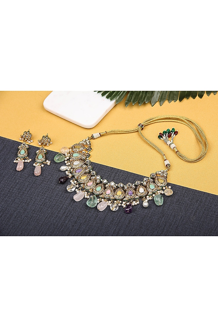 Gold Plated Pearl Necklace Set With Kundan Polki by Aura Trends at Pernia's Pop Up Shop