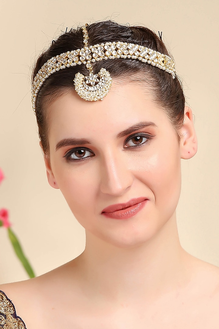 Gold Plated Kundan Polki & Pearl Matha Patti by Auraa Trends at Pernia's Pop Up Shop