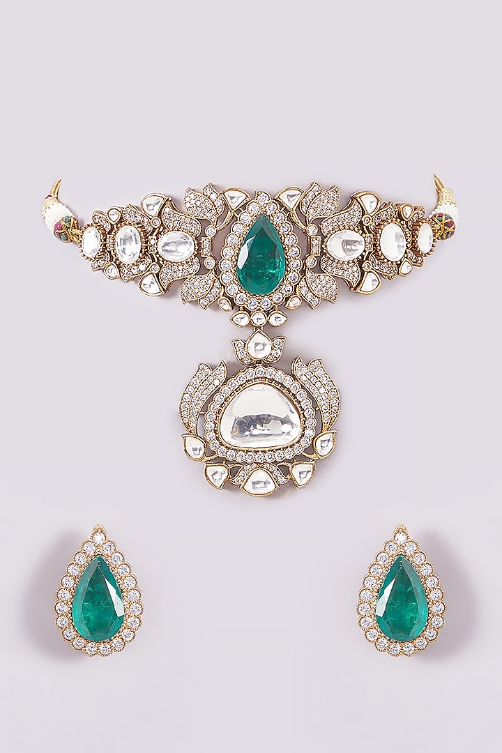 Gold Plated Kundan Polki & Green Stone Choker Necklace Set by Aura Trends at Pernia's Pop Up Shop