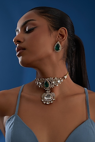 Gold Plated Kundan Polki & Green Stone Choker Necklace Set by Aura Trends