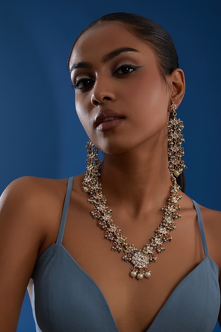 Gold Plated Kundan Polki Necklace Set by Auraa Trends