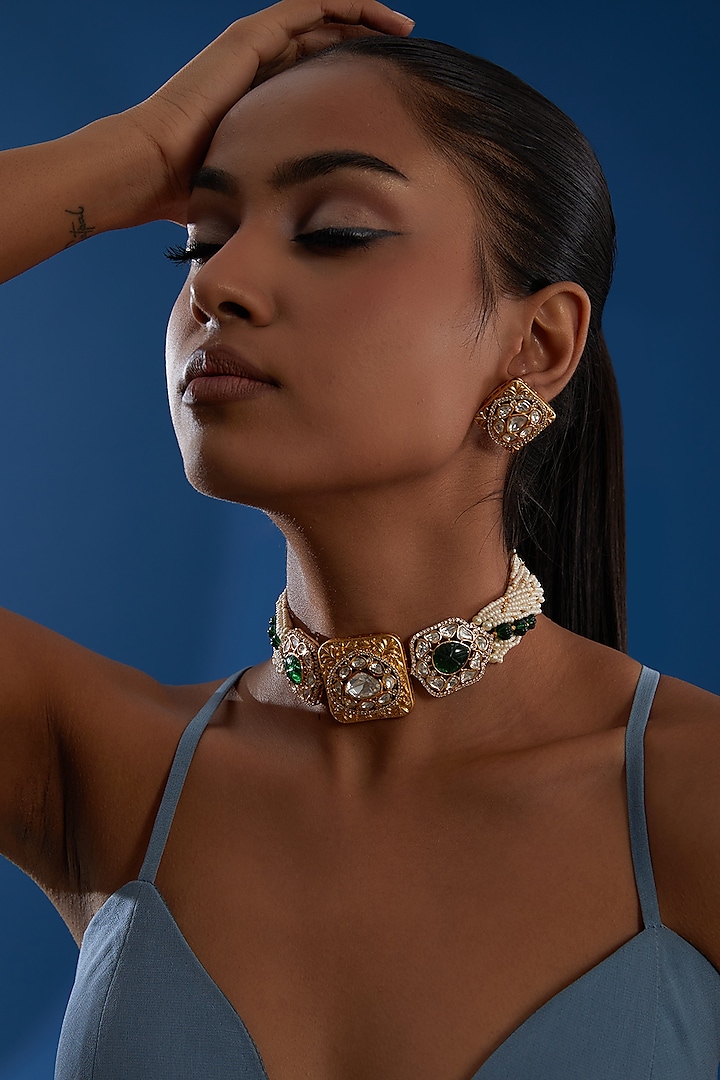 Gold Plated Kundan Polki Choker Necklace Set by Auraa Trends at Pernia's Pop Up Shop