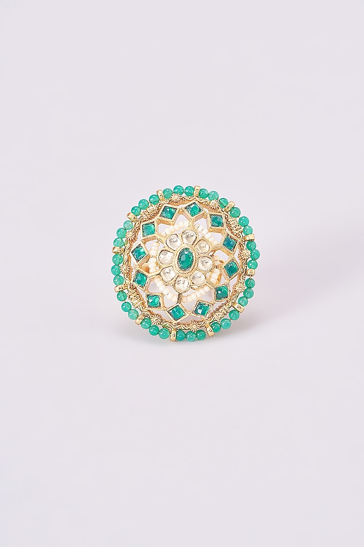 Gold Plated Kundan & Green Stone Ring by Aura Trends at Pernia's Pop Up Shop